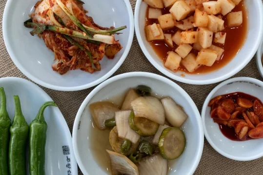 밑반찬 — 위에서 본 김치, 깍두기, 장아찌, 풋고추, 붉은 양념 반찬